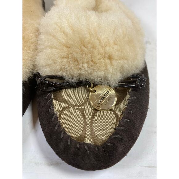 Coach Arleen Moccasins Shearling Fur Brown Slippers 9W NEW - Picture 2 of 11